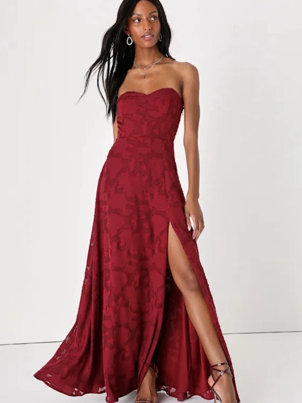 Lulu's Strapless Burgundy Maxi Dress with Side Slit